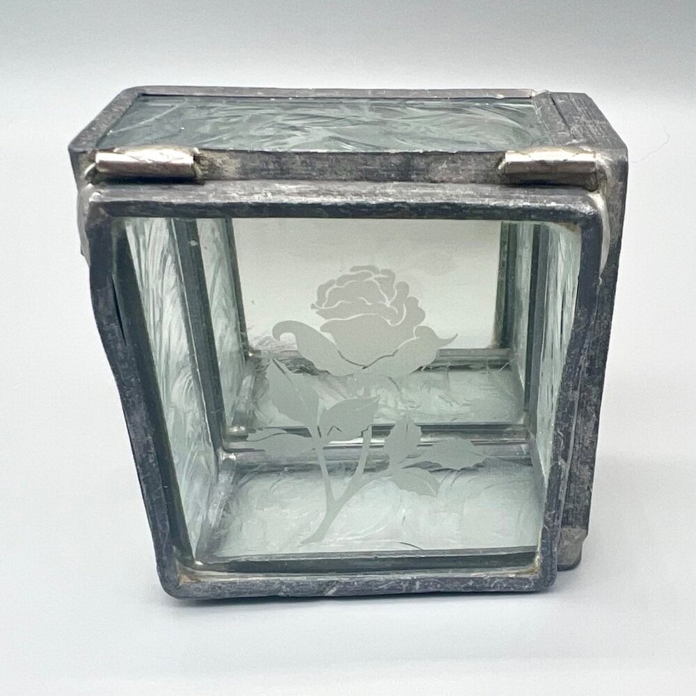 Textured Clear Glass Jewelry Trinket Box Hinged Etched Rose Design 2.5" x 2.5"